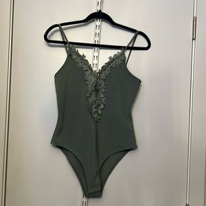 Topshop Sage Green Bodysuit with Floral Trim